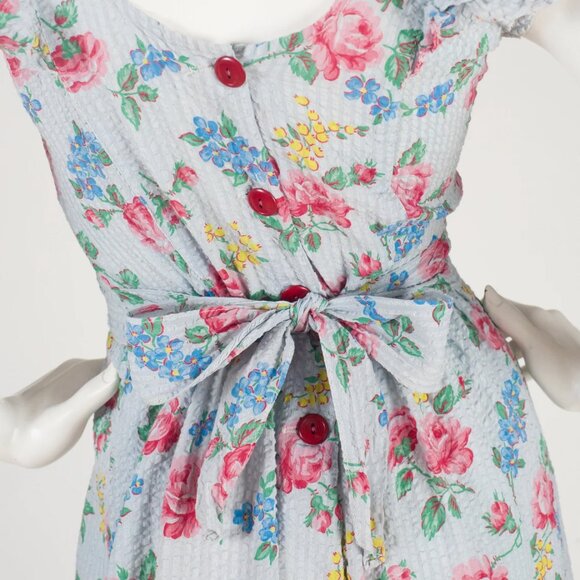 1940s Vintage Ruffle Floral Blue Cotton Apron Pinafore House Dress Sz S - Picture 2 of 6